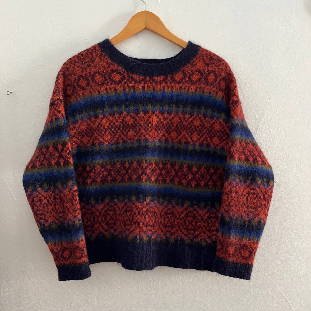 Glenda Bailey x Peruvian Connection Blue & Orange Fair Isle Alpaca Sweater Sz S